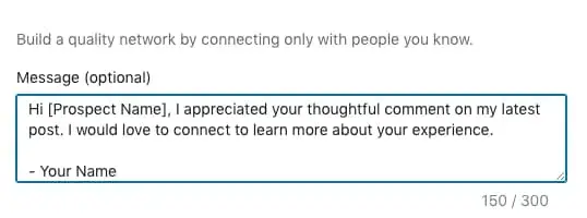 a screenshot of a drafted invitation to connect note on linkedin