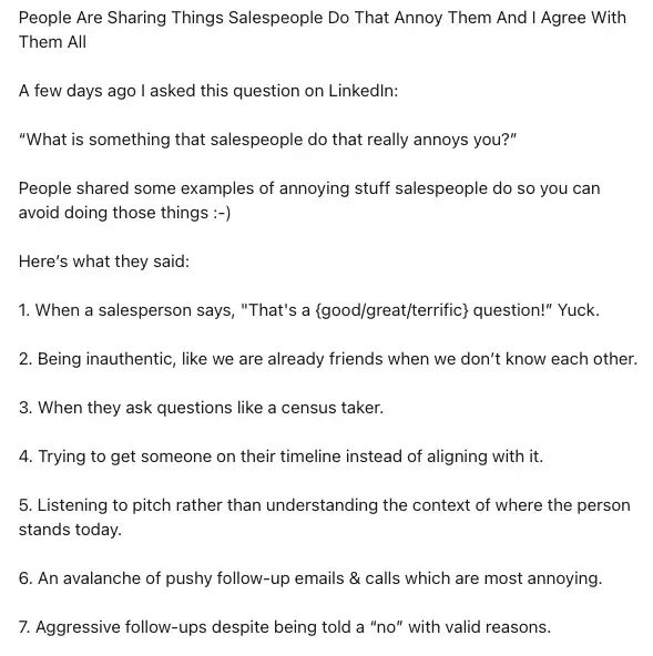 a linkedin post example of a listicle-style post about things that salespeople do that are annoying