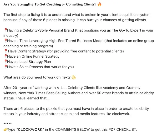 a screenshot of a linkedin user’s post offering suggestions about how to combat not getting coaching or consulting clients