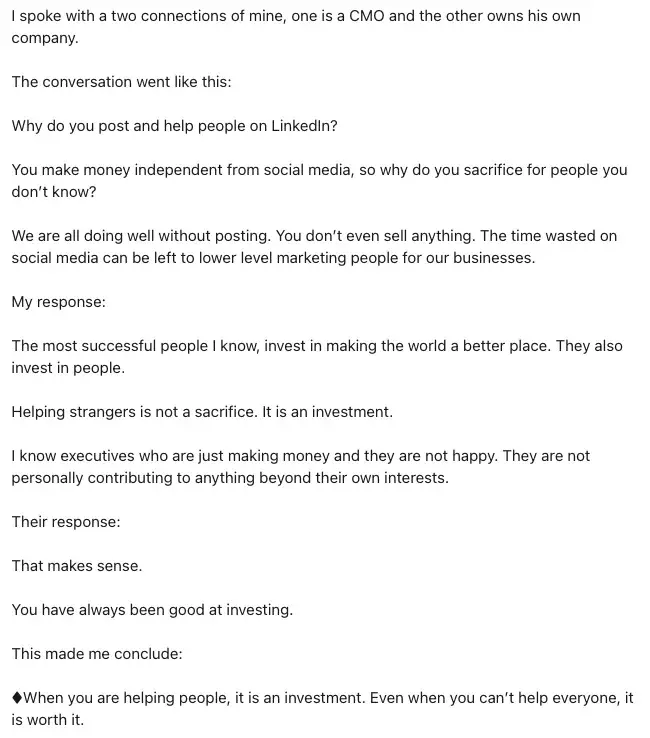 a screenshot of a linkedin user’s post sharing an inspirational story about making the world a better place by helping others