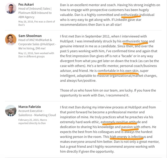 a screenshot of dan tyre’s recommendations from linkedin with sentences underlined with an orange line