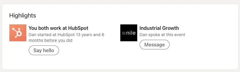 a screenshot dan tyre’s linkedin ‘highlights’ section showcasing his work experience at hubspot and industrial growth