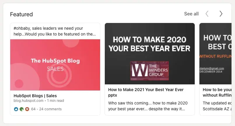  a screenshot dan tyre’s linkedin ‘featured’ section showcasing posts that he’s written and chosen to pin at the top of his profile