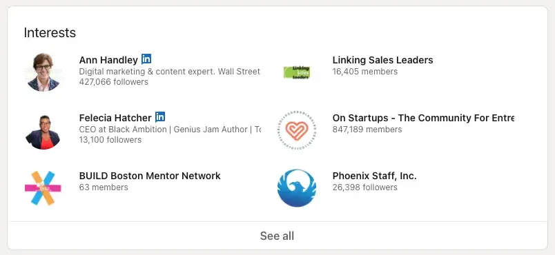 a screenshot dan tyre’s linkedin ‘interests’ section showcasing profiles linkedin companies and individual linkedin users he’s interested in