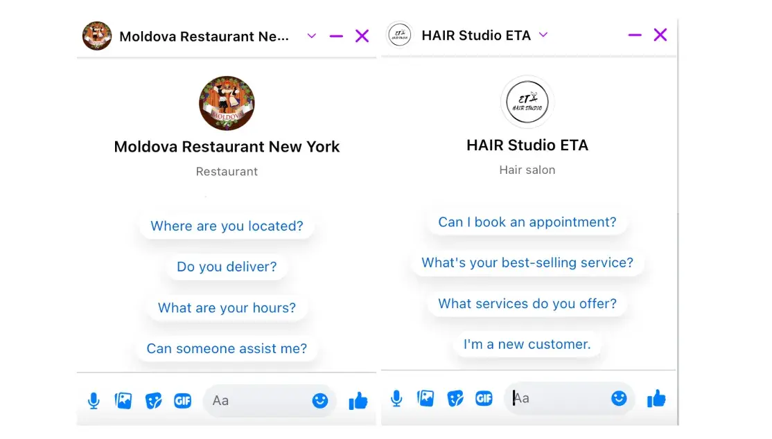 facebook messenger support – restaurant and hair salon examples