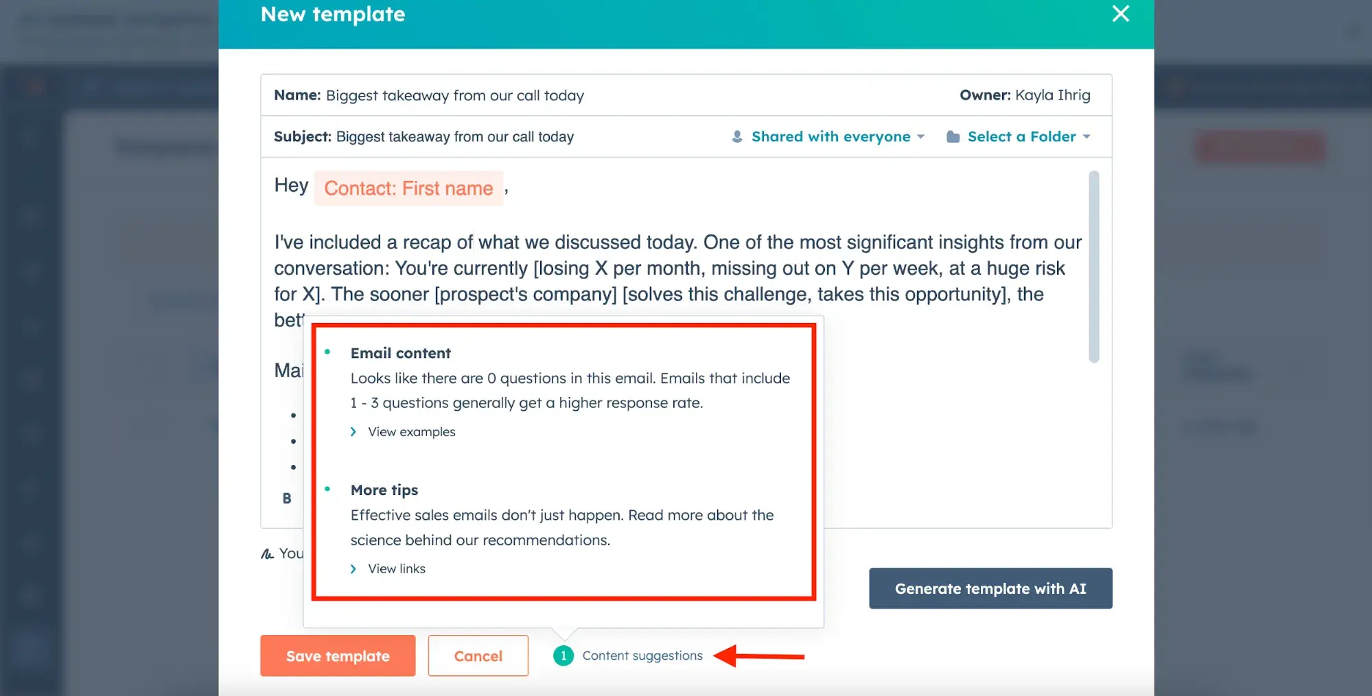 email suggestions with hubspot’s free email template tool