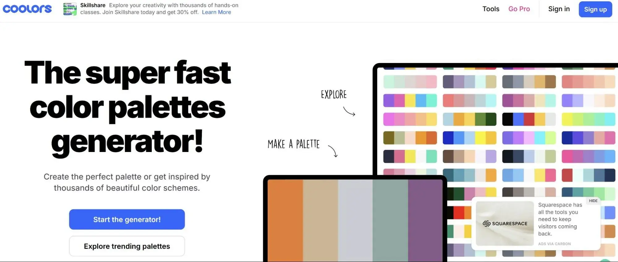 screenshot of coolors landing page