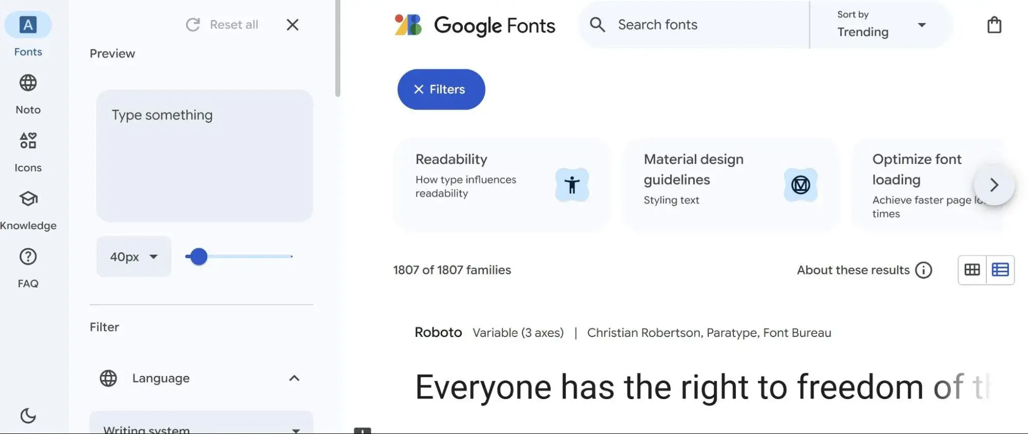 screenshot of google fonts