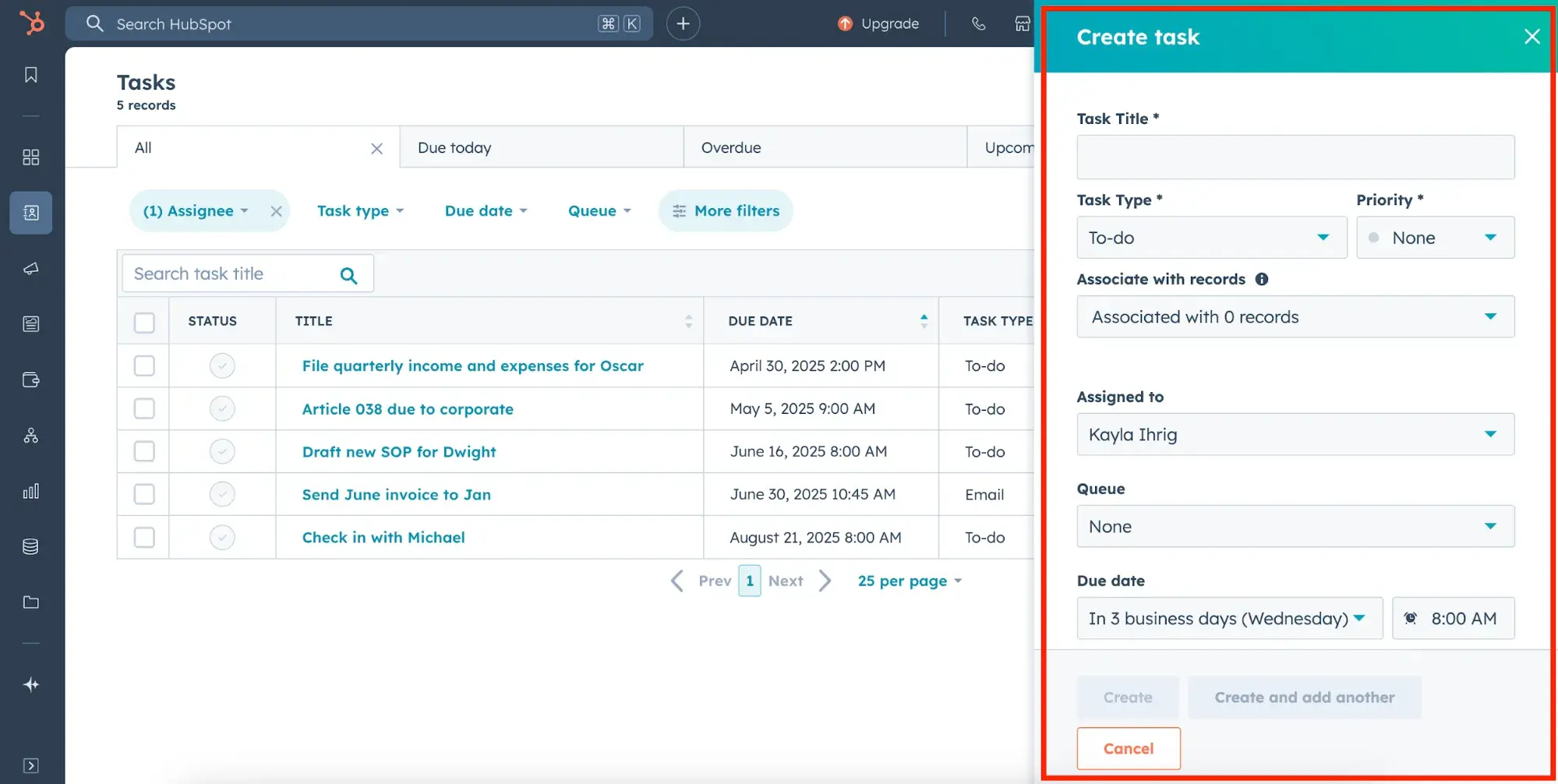 how to create a task in hubspot crm