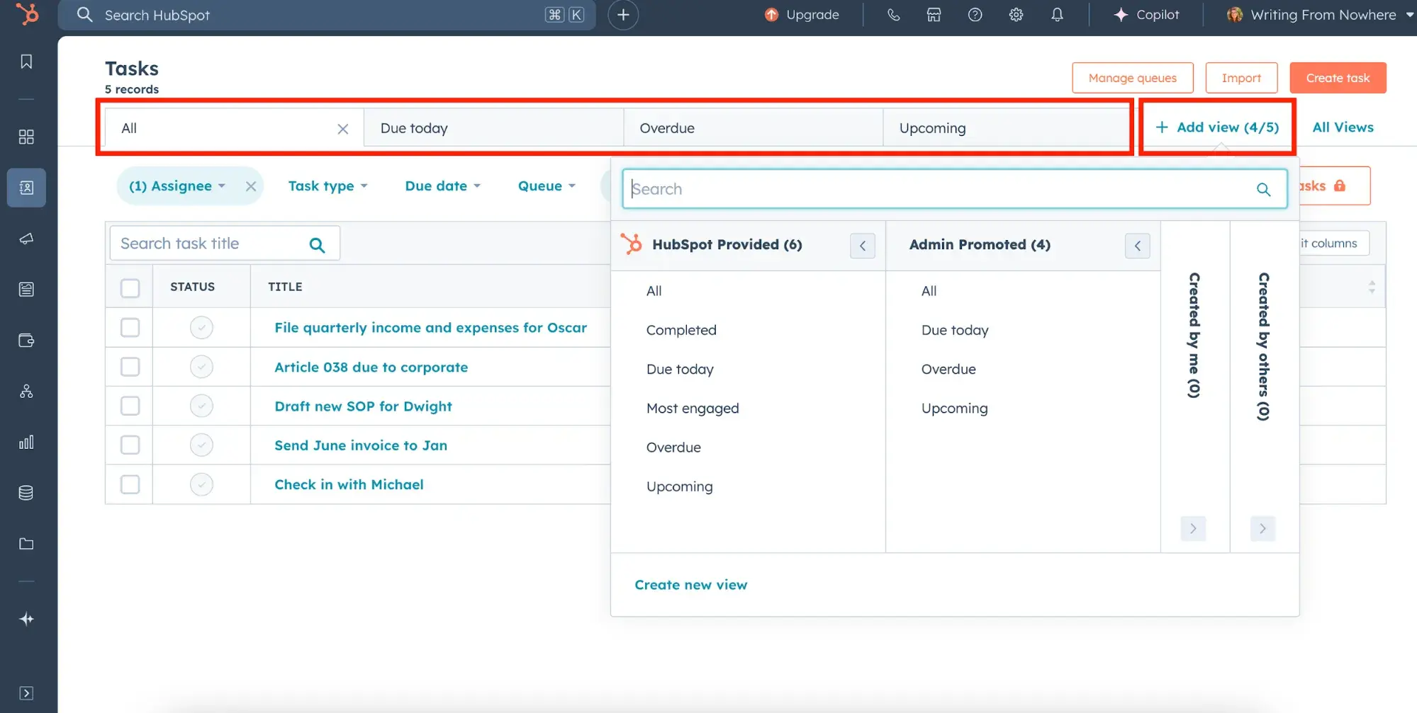 tasks sorted in hubspot crm