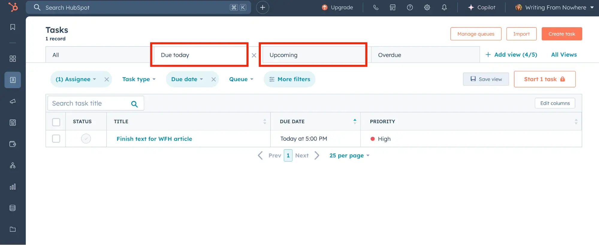 tasks due today and due upcoming in hubspot crm